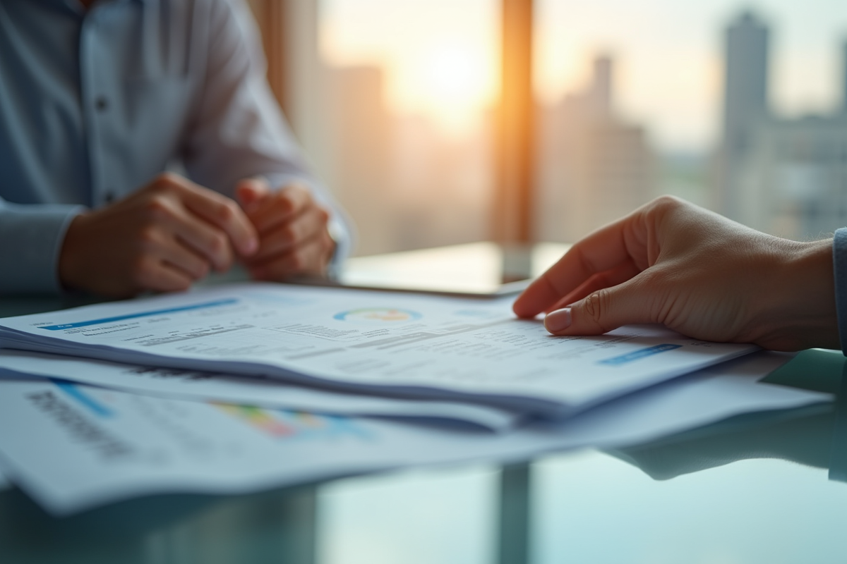Mains tenant des documents financiers sur une table éclairée
