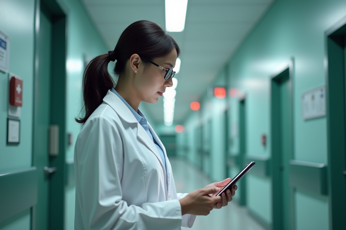 Medecienne examine systeme mirapi sur tablette dans couloir