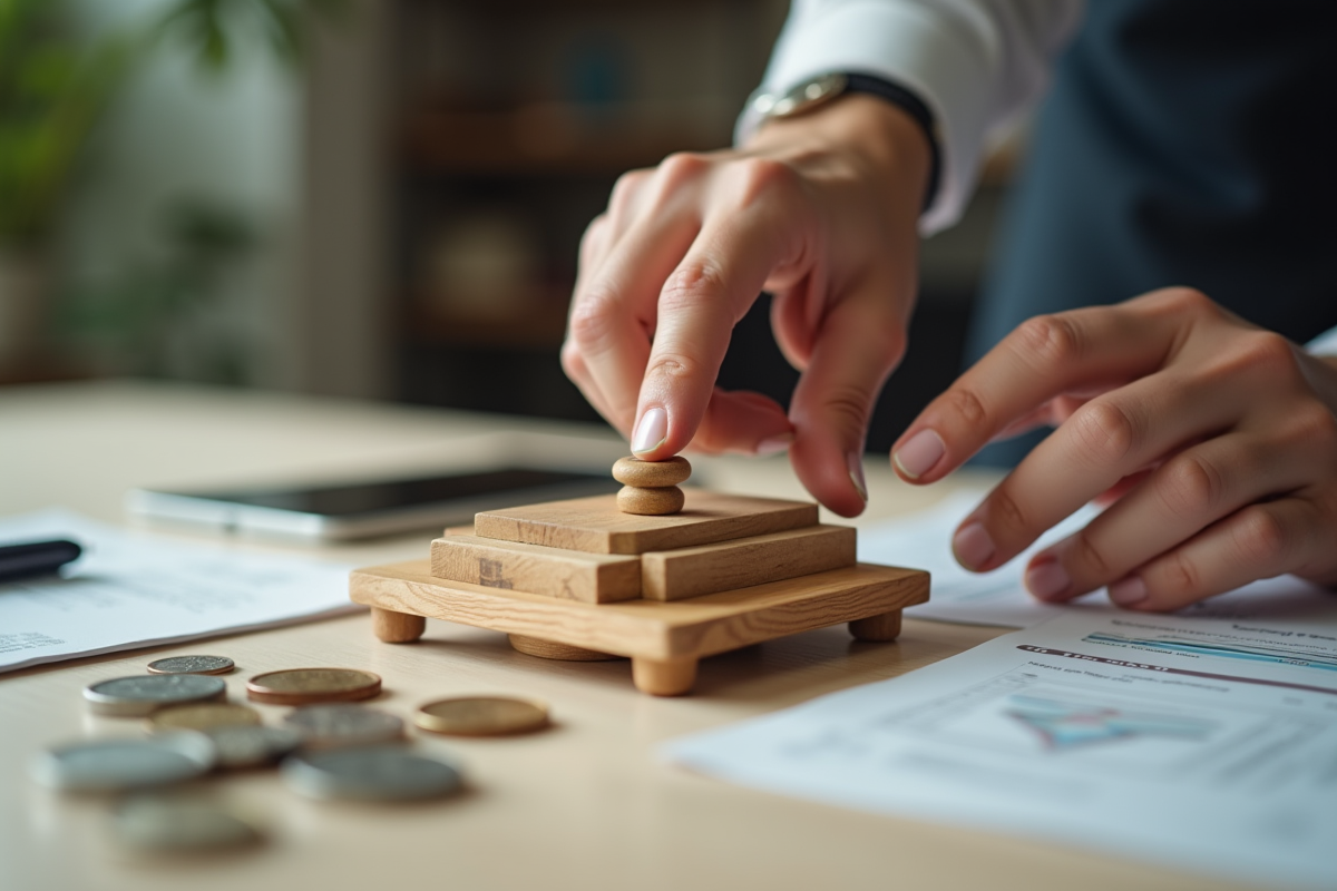 Main manipulant un levier en bois avec des pièces et documents
