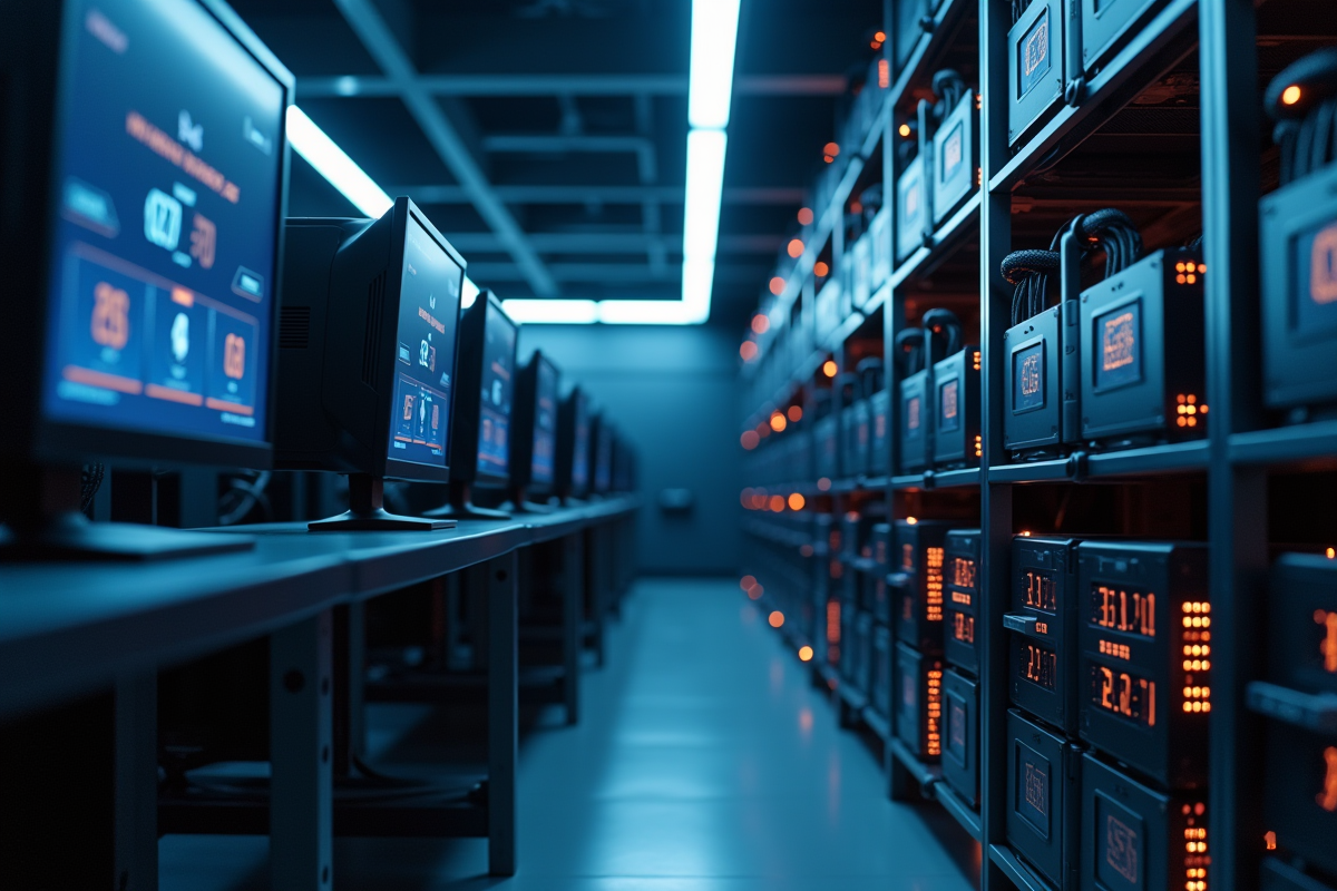 Rangement d ordinateurs de minage Ethereum avec écrans lumineux