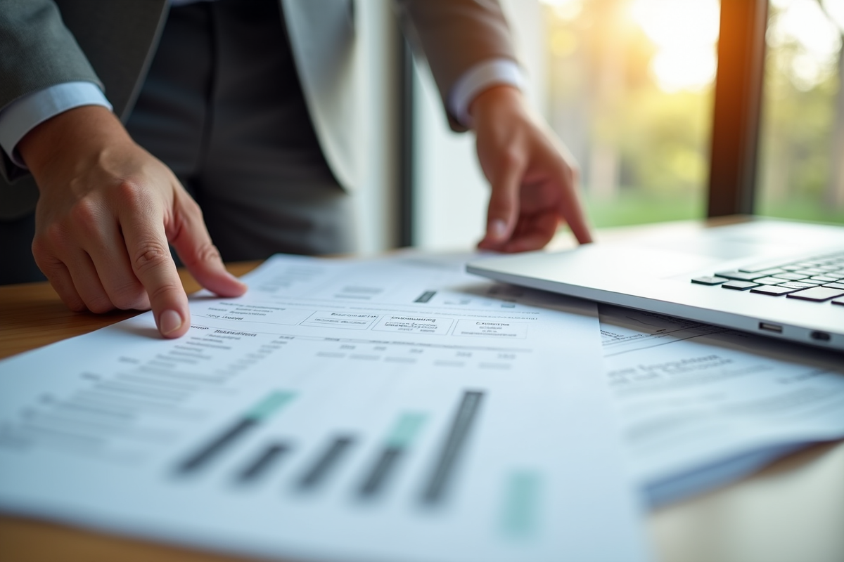 Main d'un professionnel organisant des factures sur un bureau lumineux