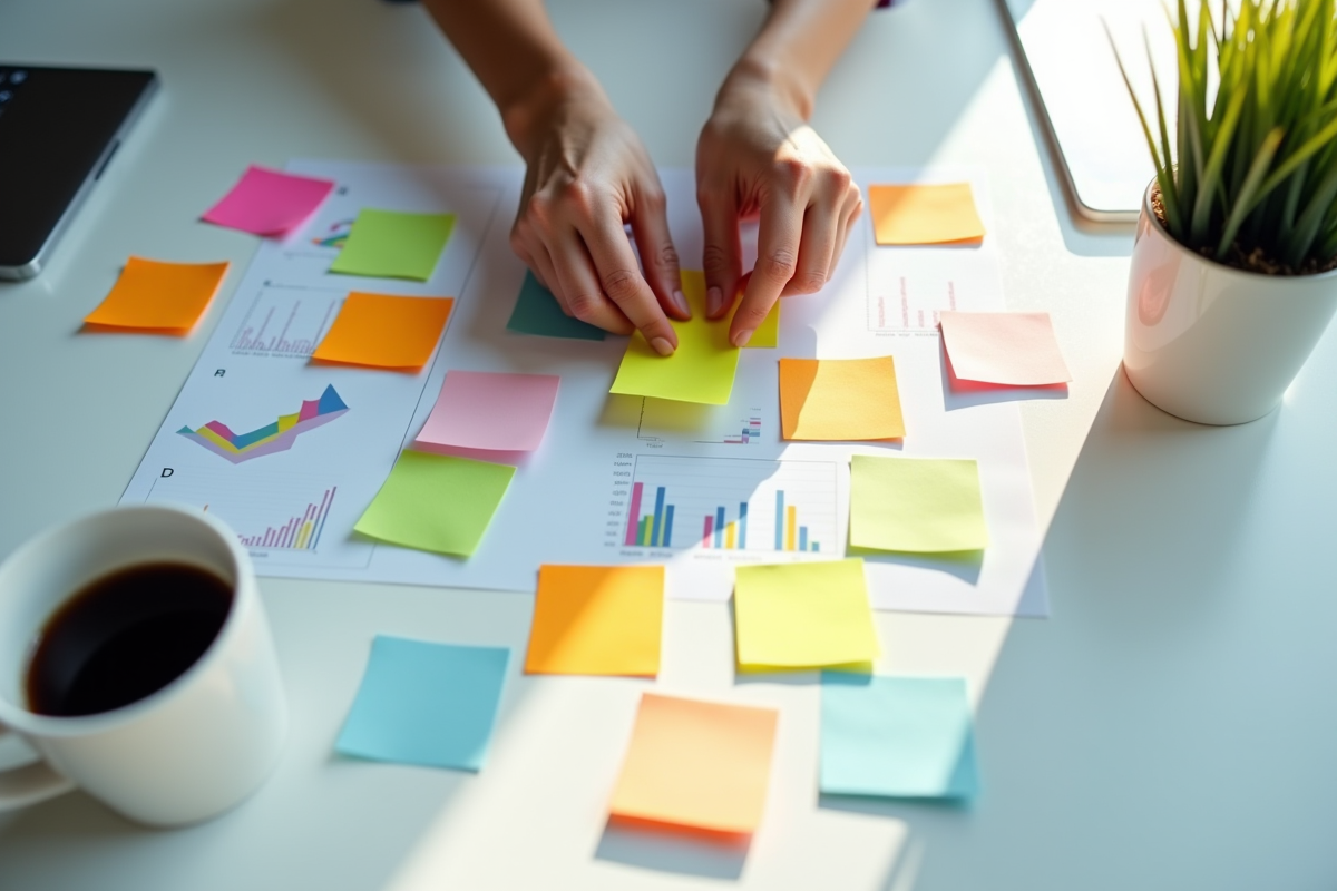 Mains organisant des notes colorées sur une table lumineuse