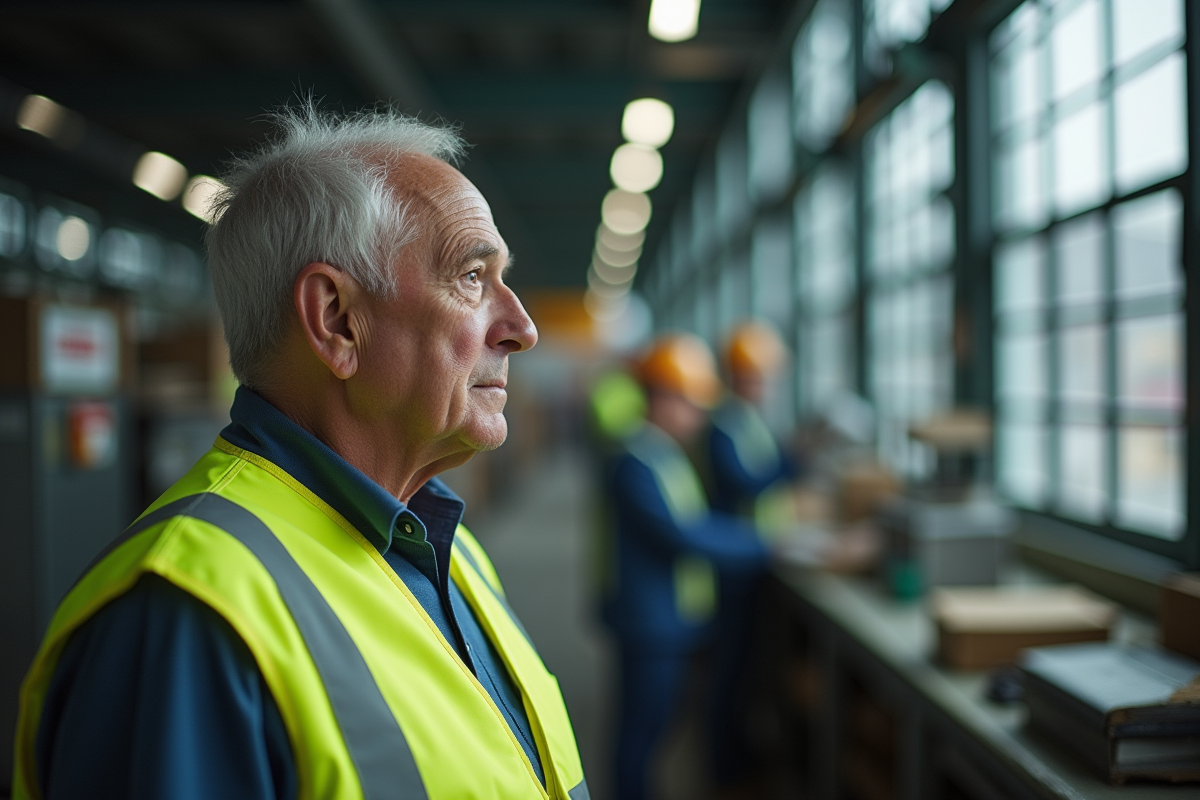 Ouvrier regardant par une grande fenetre dans une usine lumineuse