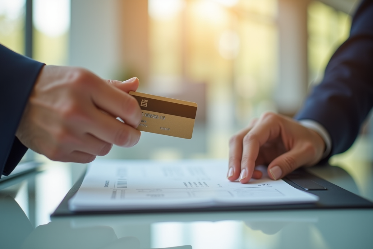 Main remettant une carte bancaire et documents au guichet de la banque