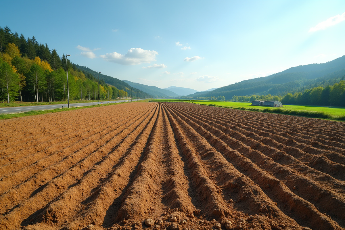 Grand terrain agricole avec arbres et rivière paisible