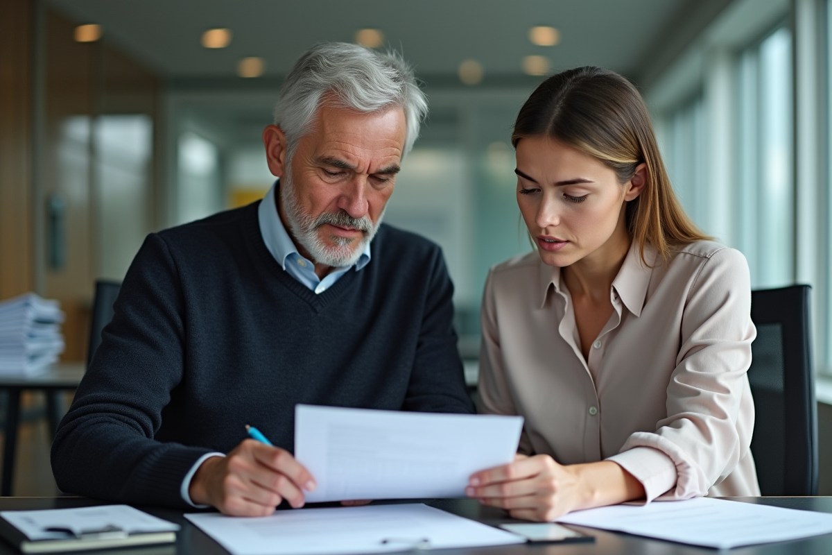 Pere et fille discutant d un contrat dans un bureau moderne