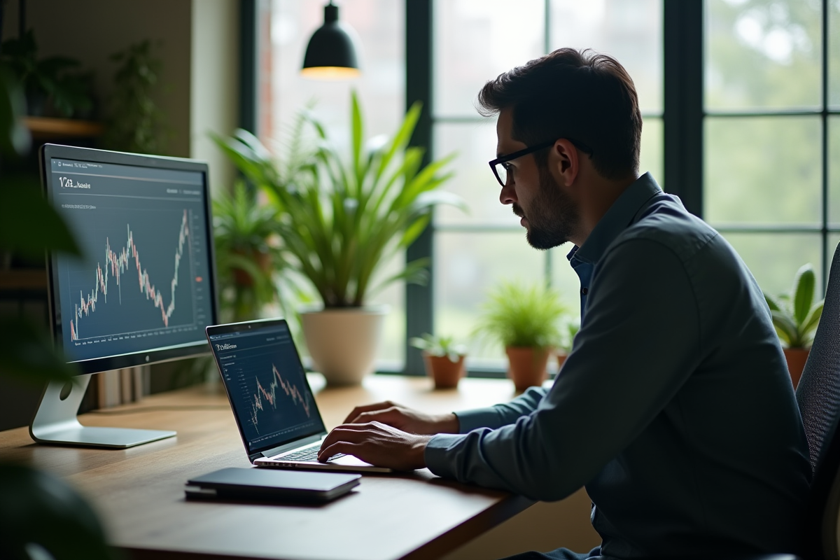 Personne au bureau analysant un tableau financier lumineux