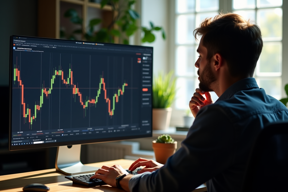 Personne dans un bureau moderne regardant un écran Ethereum