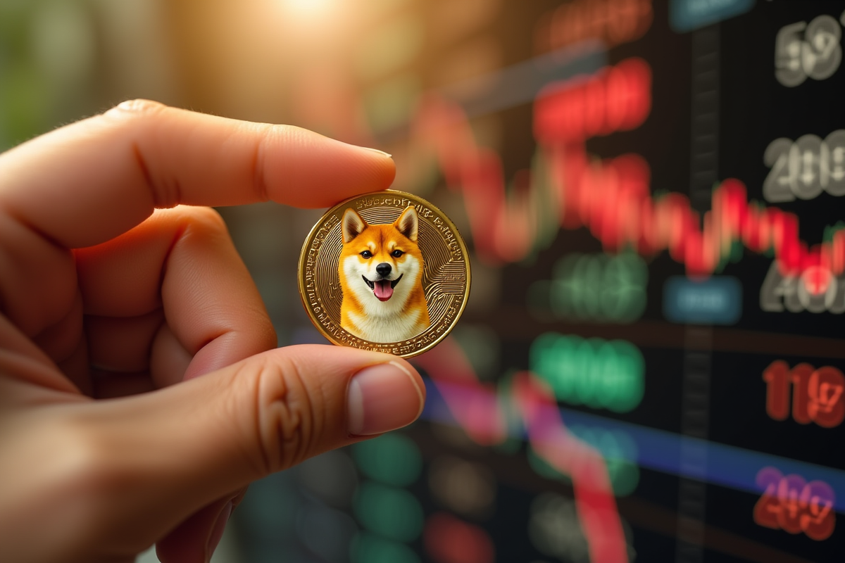 Main tenant une pièce en or avec un chien Shiba Inu gravé