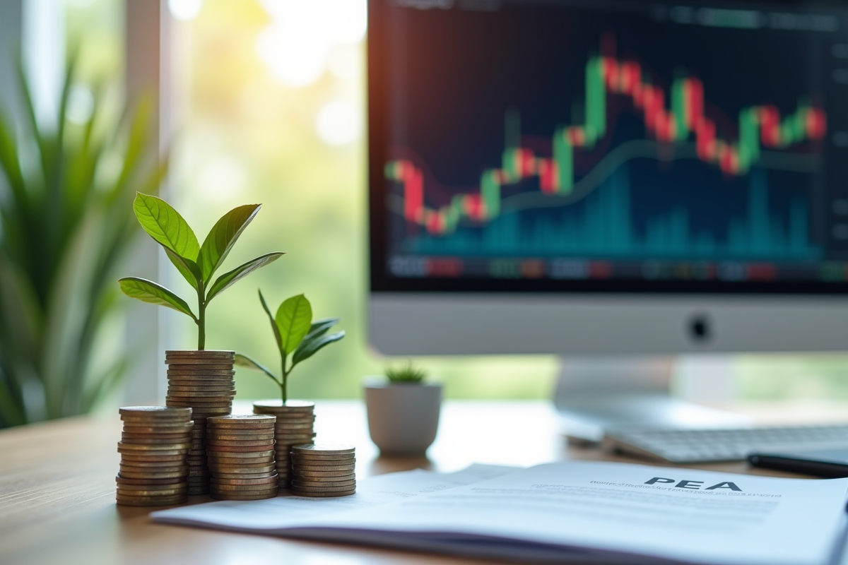 Pièces d euro et plante verte avec document bourse en bureau lumineux