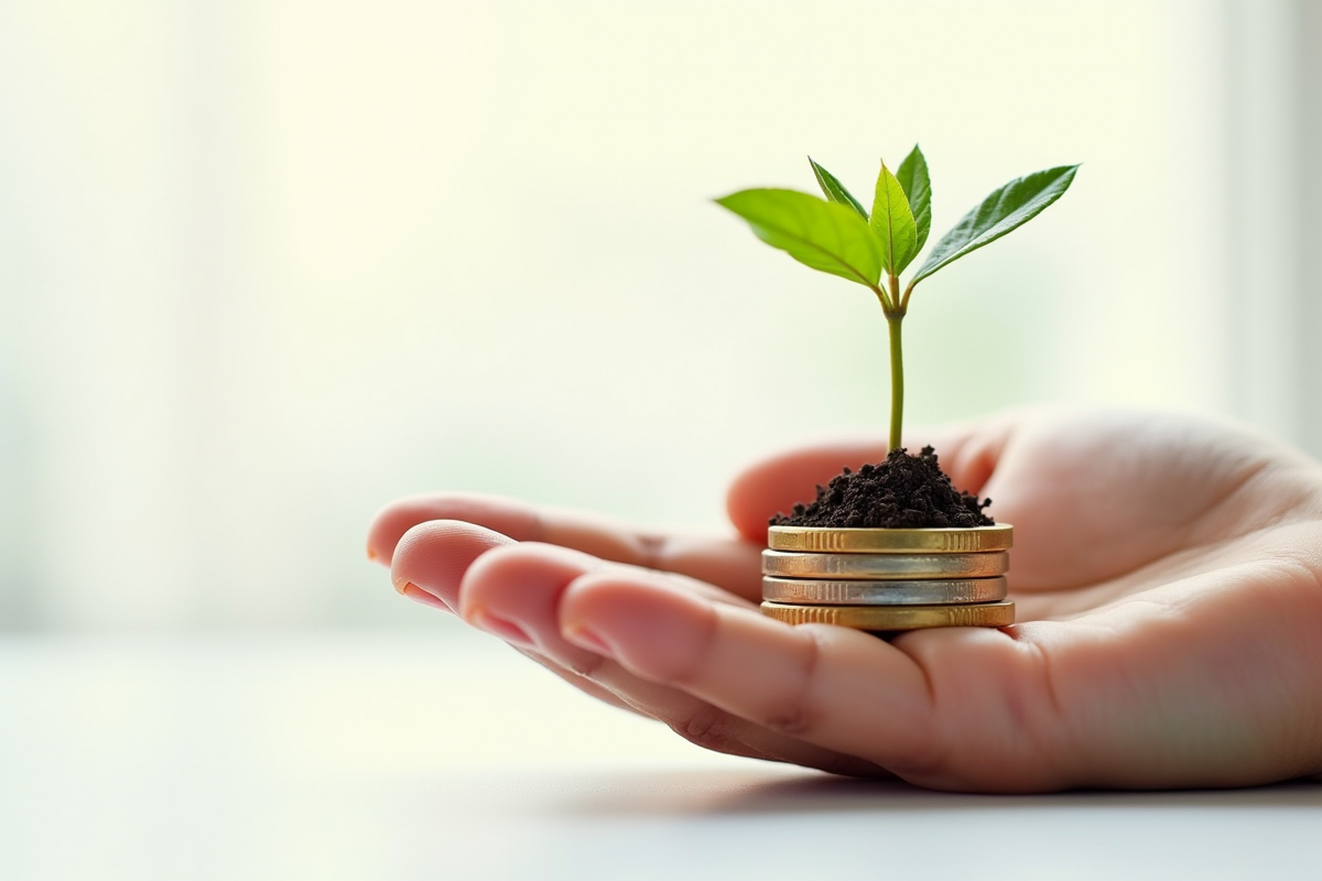 Main tenant des pièces d euro et une petite plante symbolisant la croissance