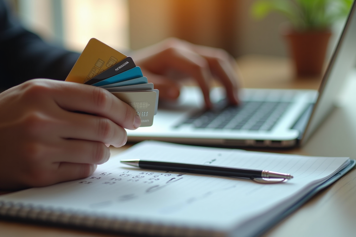 Mains tenant plusieurs cartes de crédit au-dessus d'un ordinateur portable