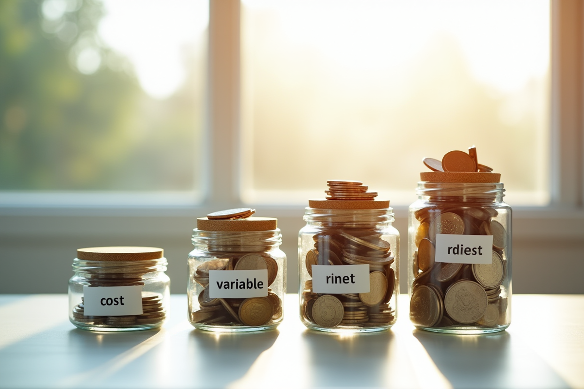 Quatre bocaux empiles avec des pièces et billets de différentes catégories
