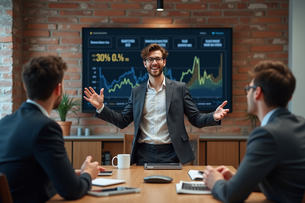 Jeune homme présentant un graphique digital à ses collègues