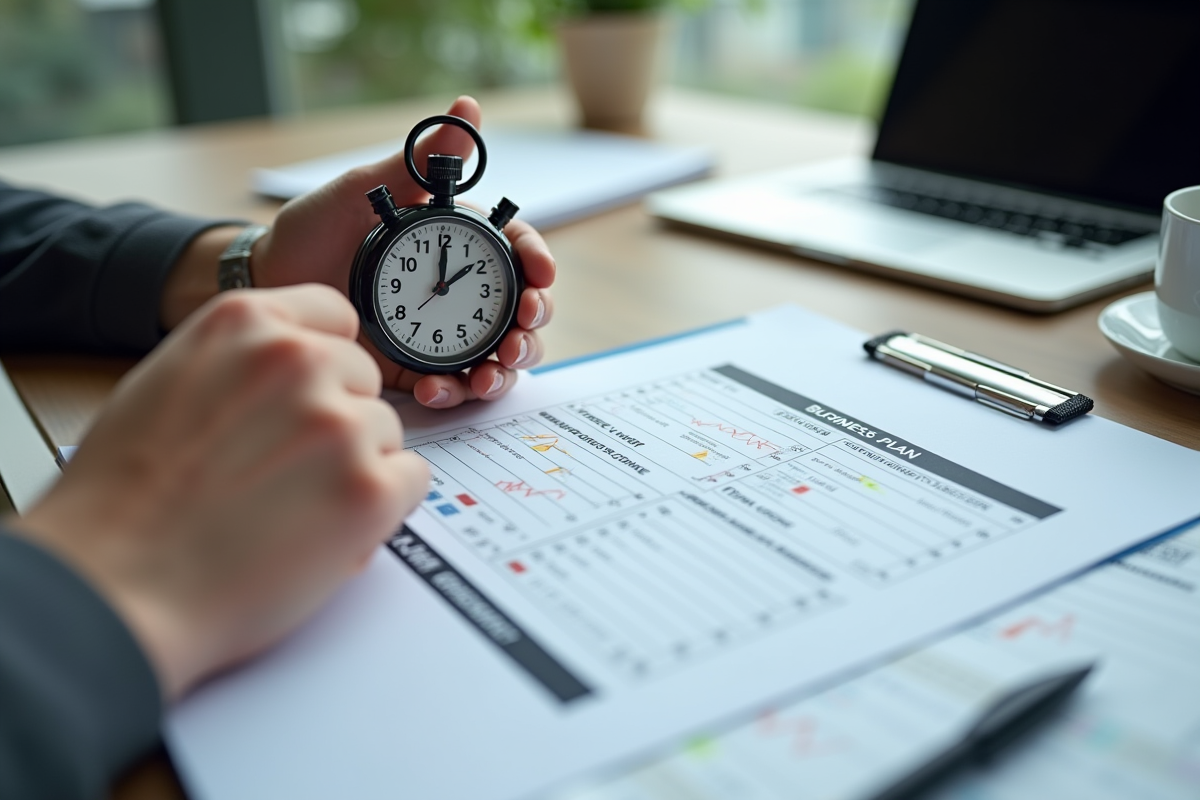 Mains avec chronomètre et documents de projet