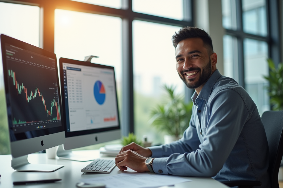Professionnel souriant au bureau avec graphiques financiers