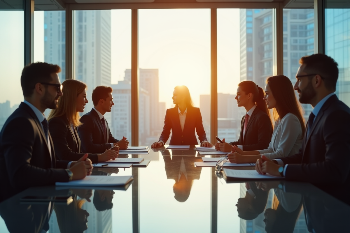 Groupe de professionnels en réunion avec vue sur la ville