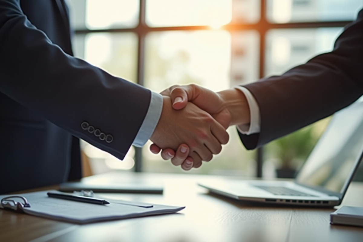 Deux professionnels se serrant la main dans un bureau moderne