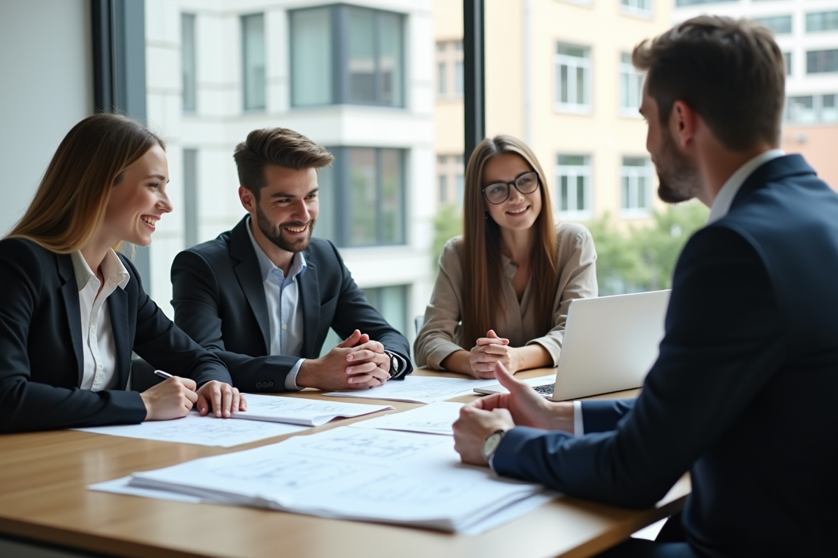 Jeune couple rencontrant un banquier dans un bureau lumineux