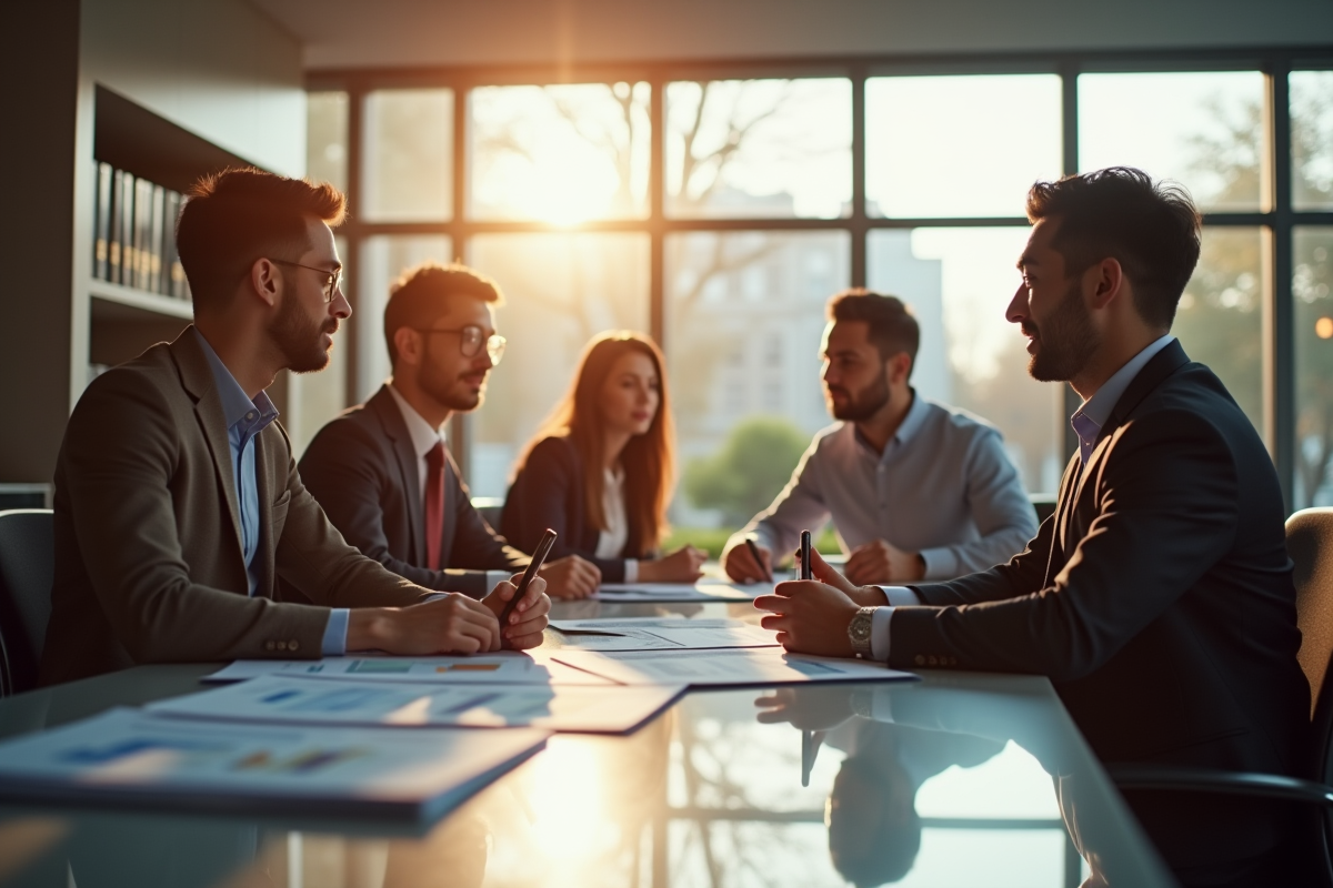 Rencontre dans une banque moderne avec conseillers financiers