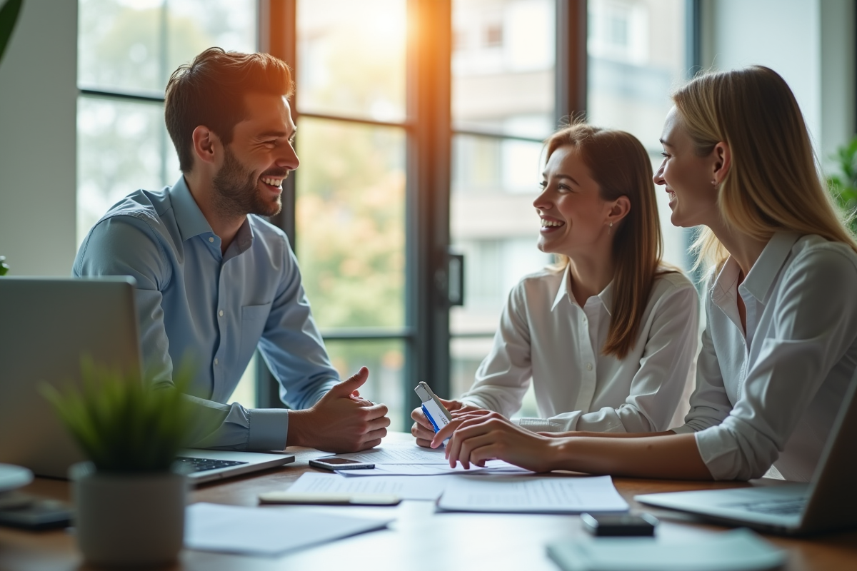 Jeune couple rencontrant leur conseiller financier dans un bureau lumineux