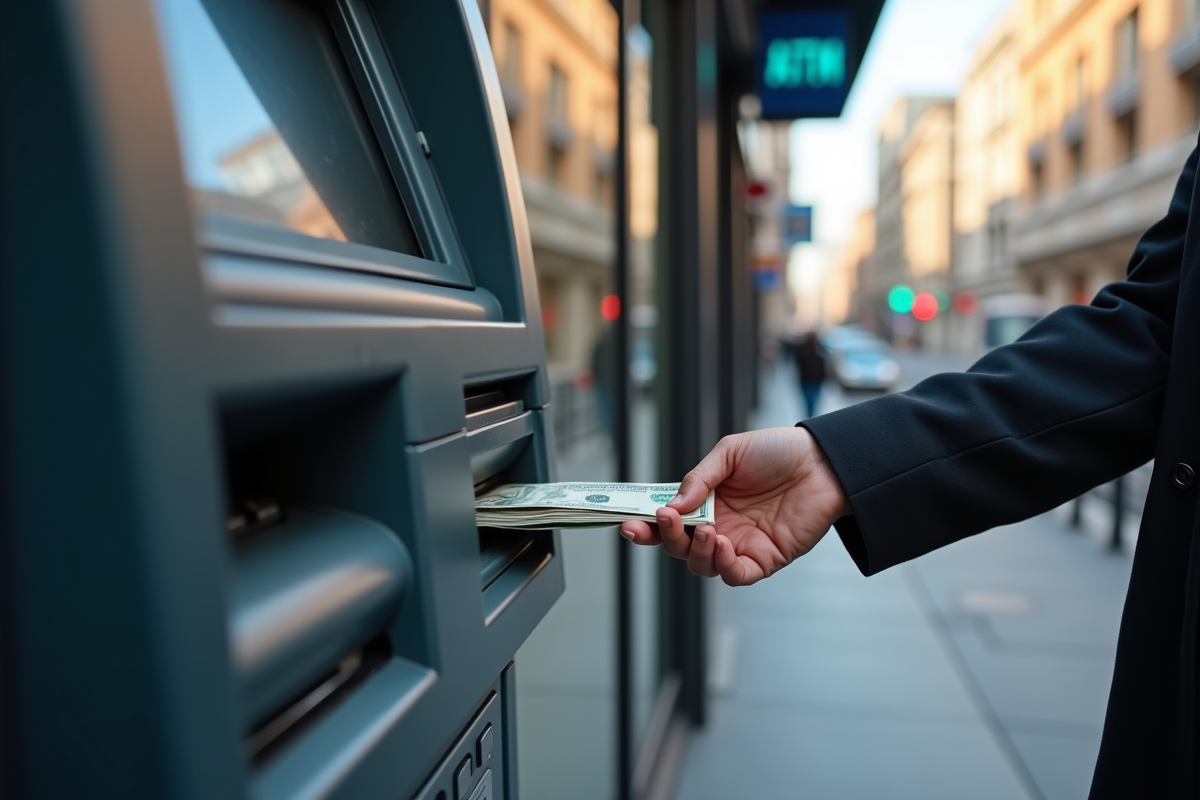 Personne retirant de l'argent à un ATM en ville en journée