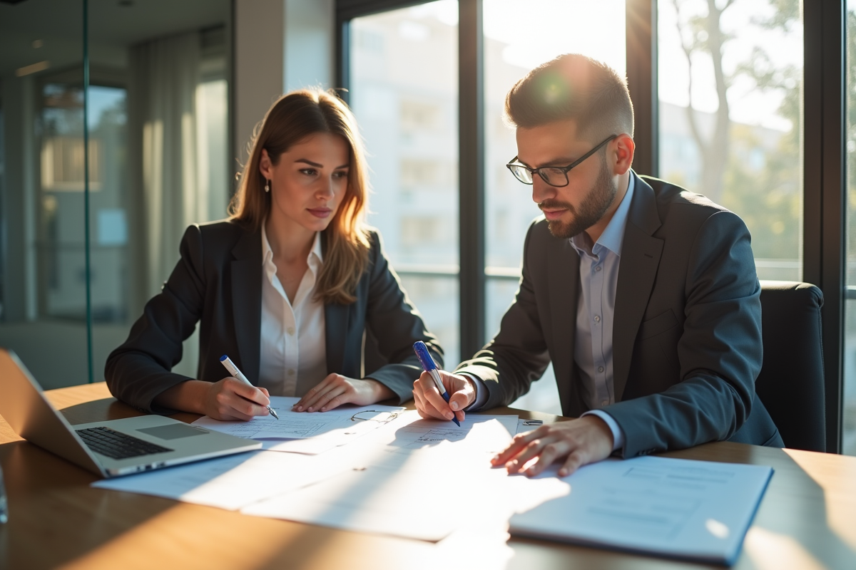 Cadre confiant examinant documents d évaluation des risques