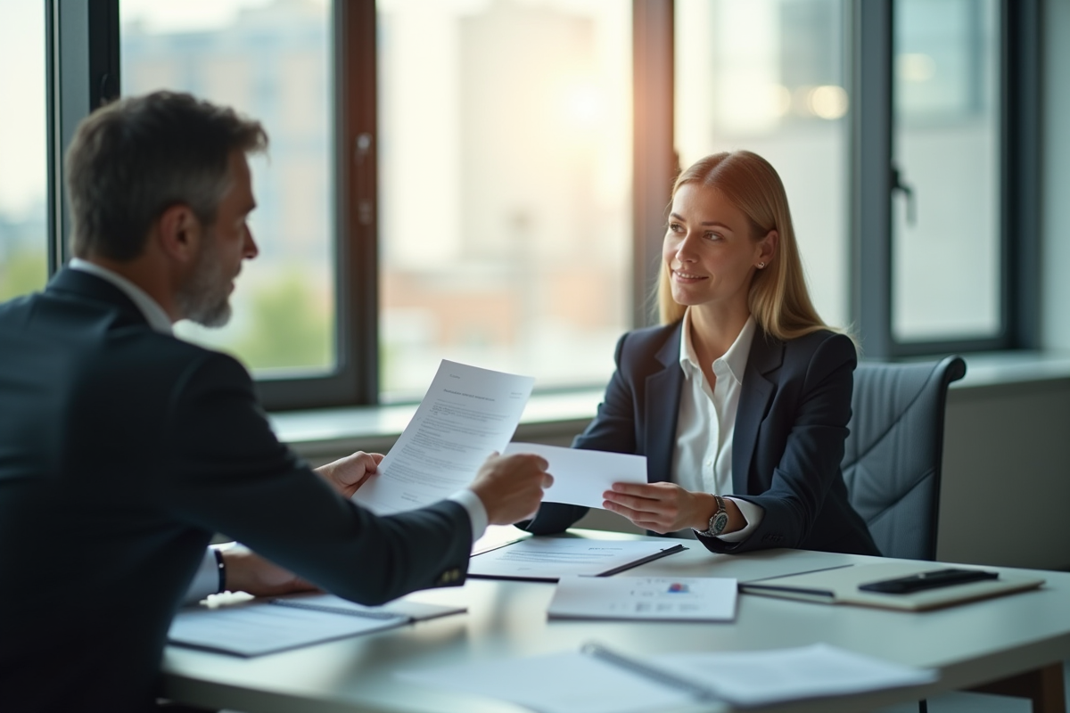 Réunion professionnelle dans un bureau moderne avec documents