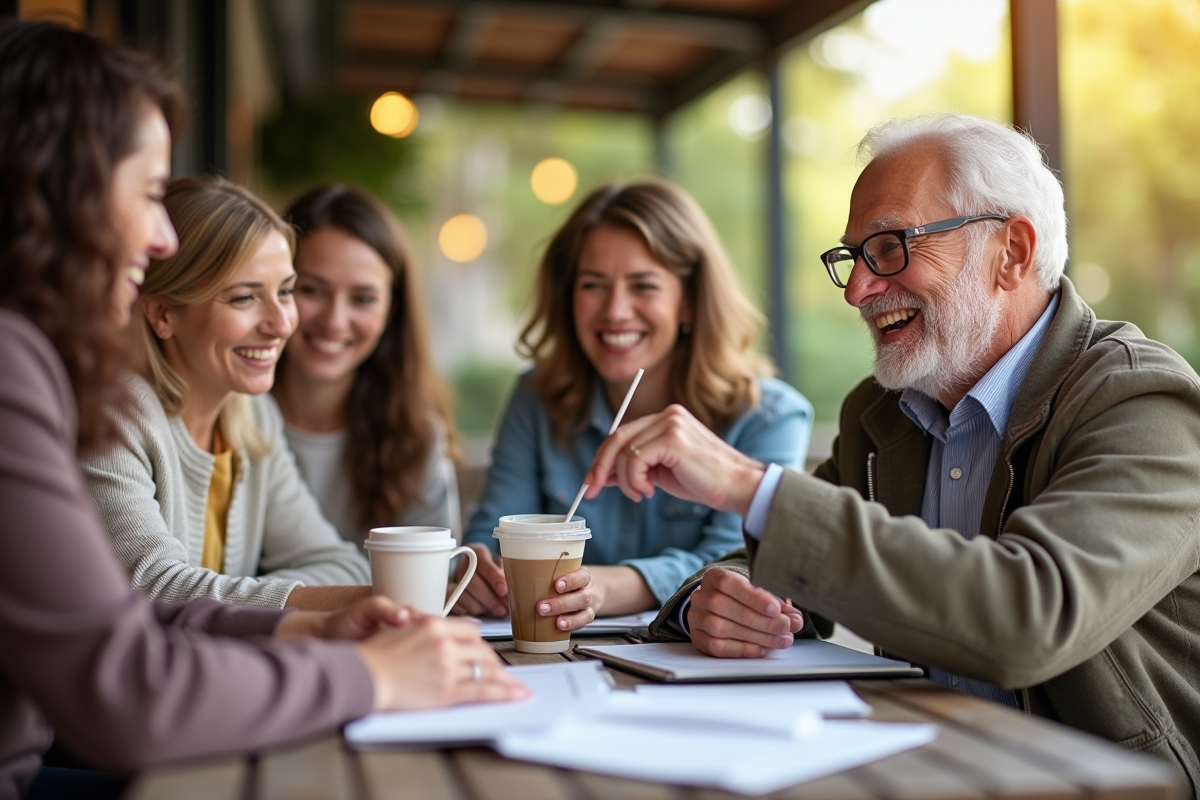 Seniors souriants discutant finances en terrasse