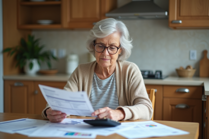 Femme senior calme examinant des documents à la maison