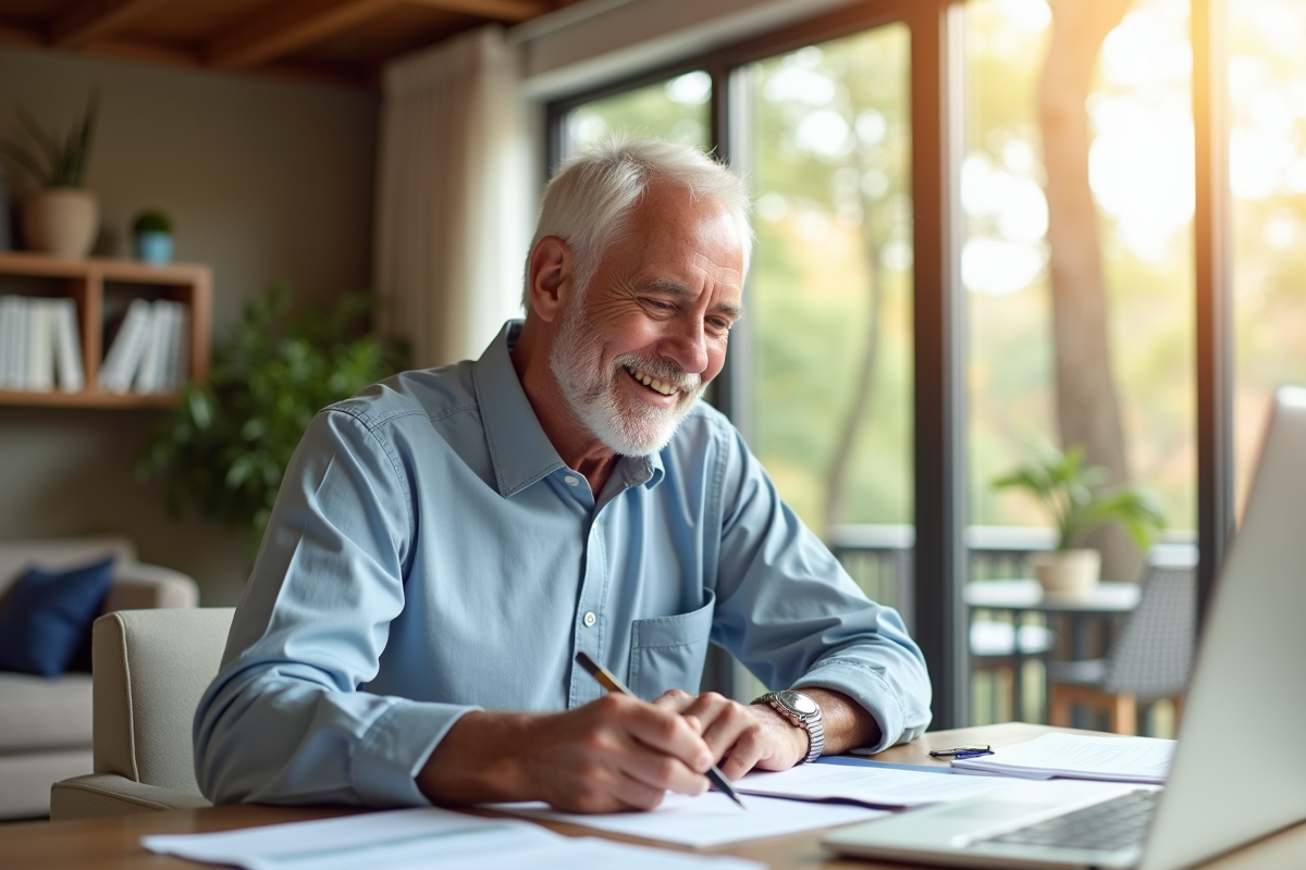 Homme senior souriant dans son salon moderne examine des documents financiers