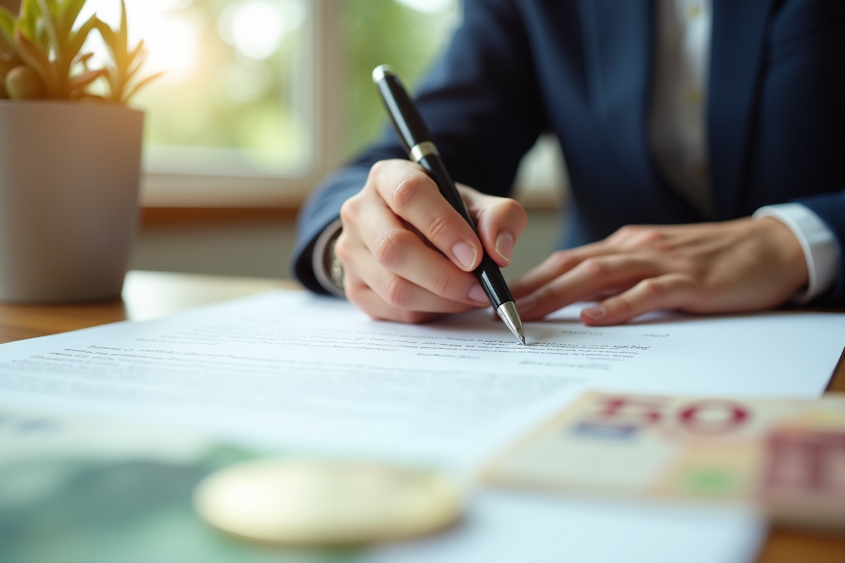 Main signant un contrat avec pièces et billets d euro