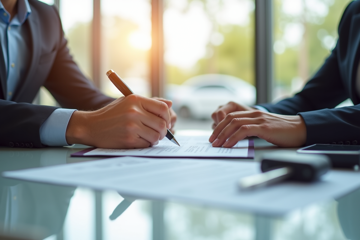 Personne signant un contrat de prêt auto dans un concessionnaire lumineux