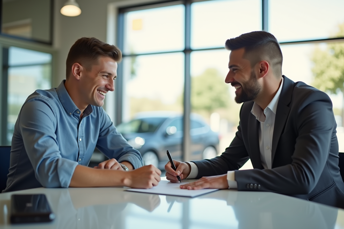 Jeune signant un contrat de location voiture avec conseiller