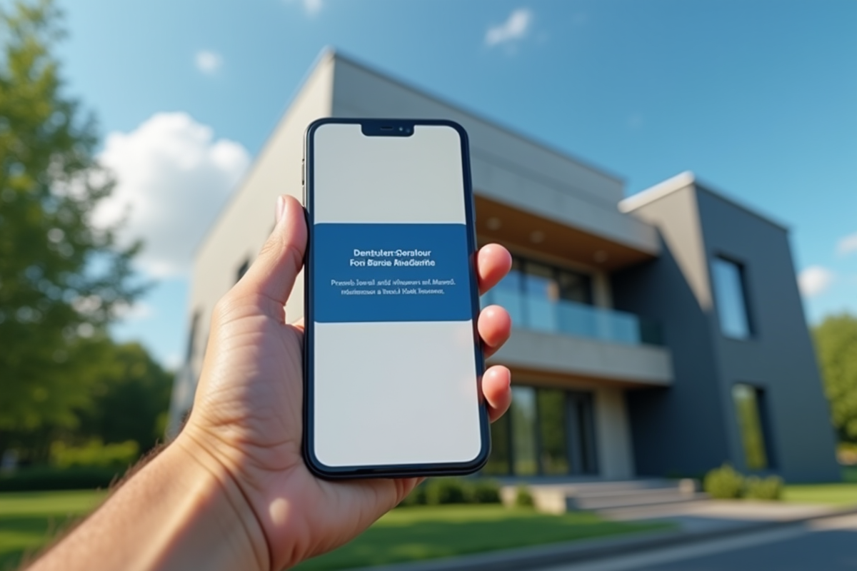 Main tenant un smartphone devant une agence d
