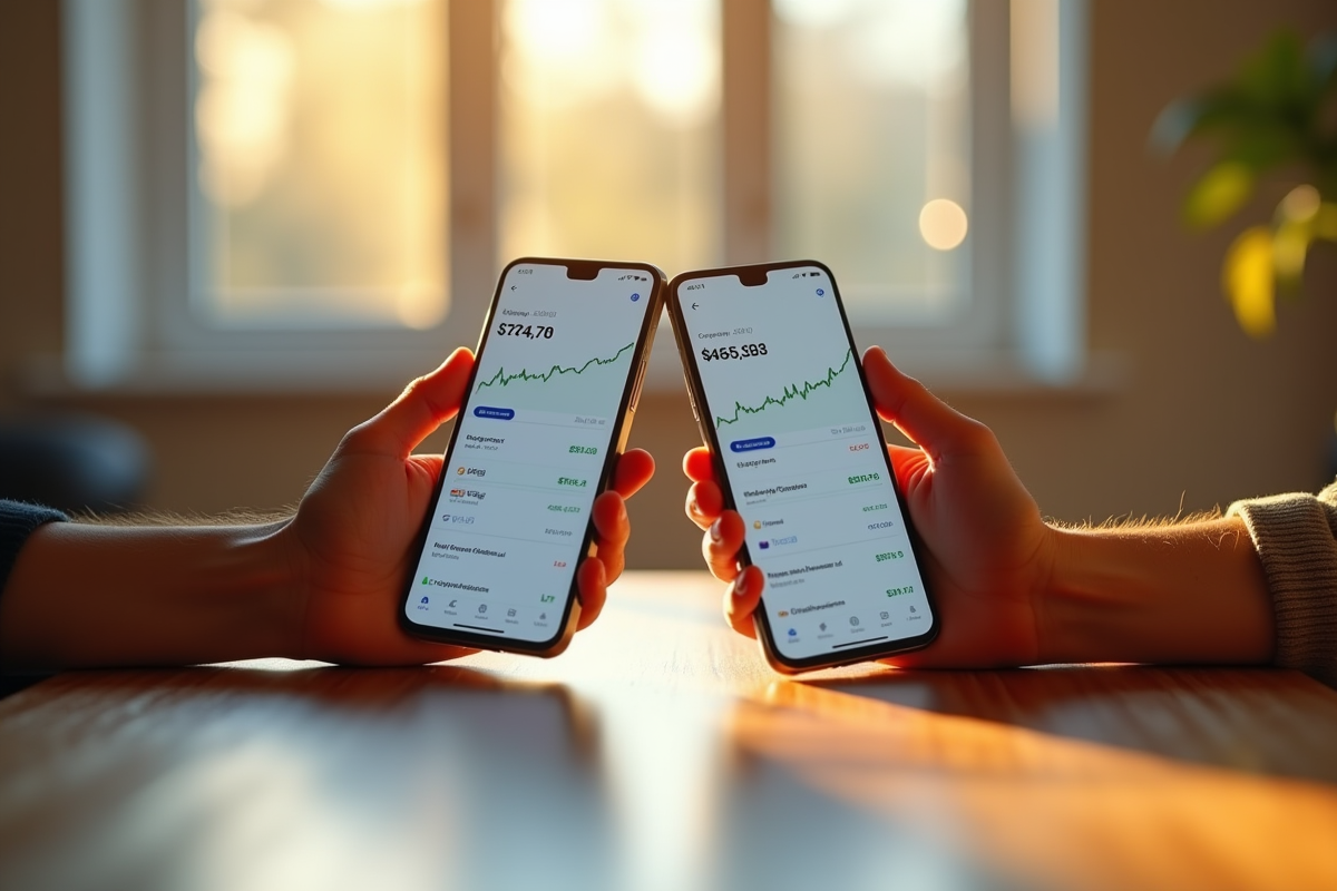 Deux smartphones avec applications de cryptomonnaie au matin
