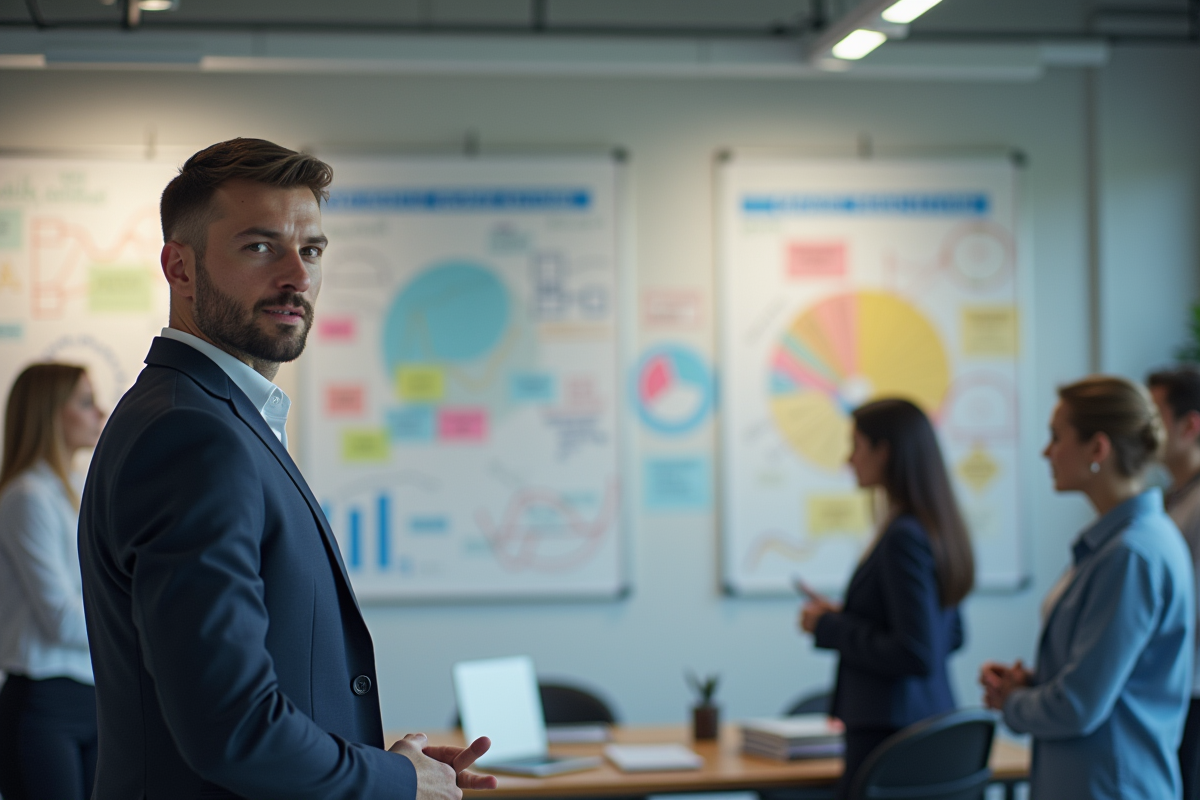 Entrepreneur devant un tableau avec diagrammes stratégiques