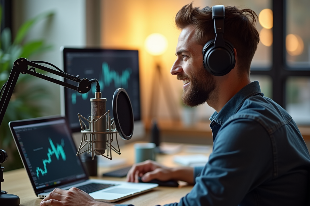 Studio de podcast moderne avec personne parlant dans un micro