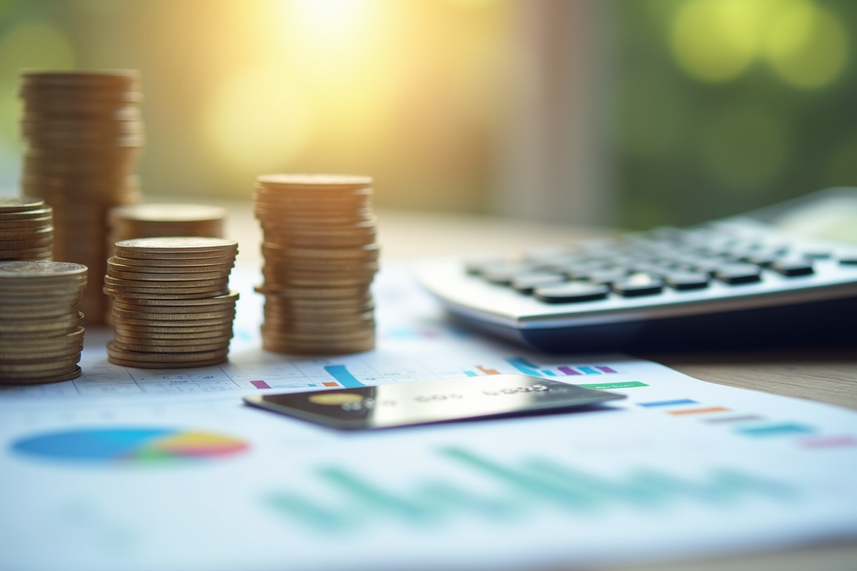 Tableau avec pièces de monnaie calculatrice et graphiques financiers