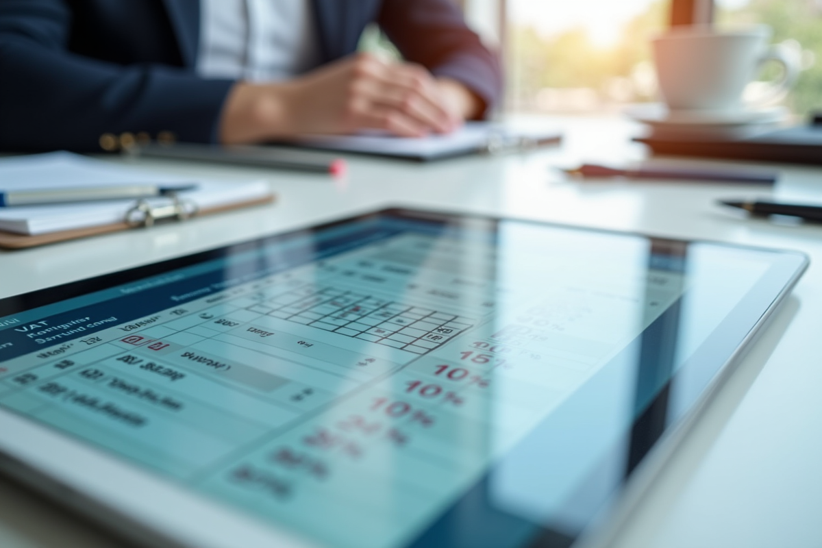Gros plan sur une tablette avec tableau financier et colonnes TVA