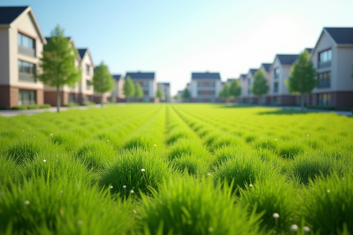 Terrain vacant en banlieue avec verdure et construction