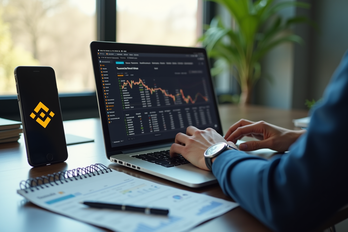 Personne travaillant sur un ordinateur avec documents fiscaux et logo Binance