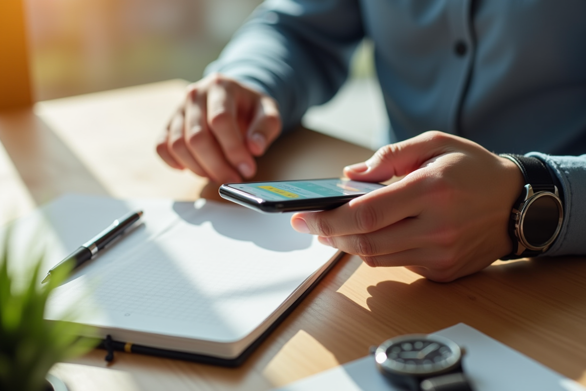 Mains utilisant une application bancaire sur téléphone pour un transfert