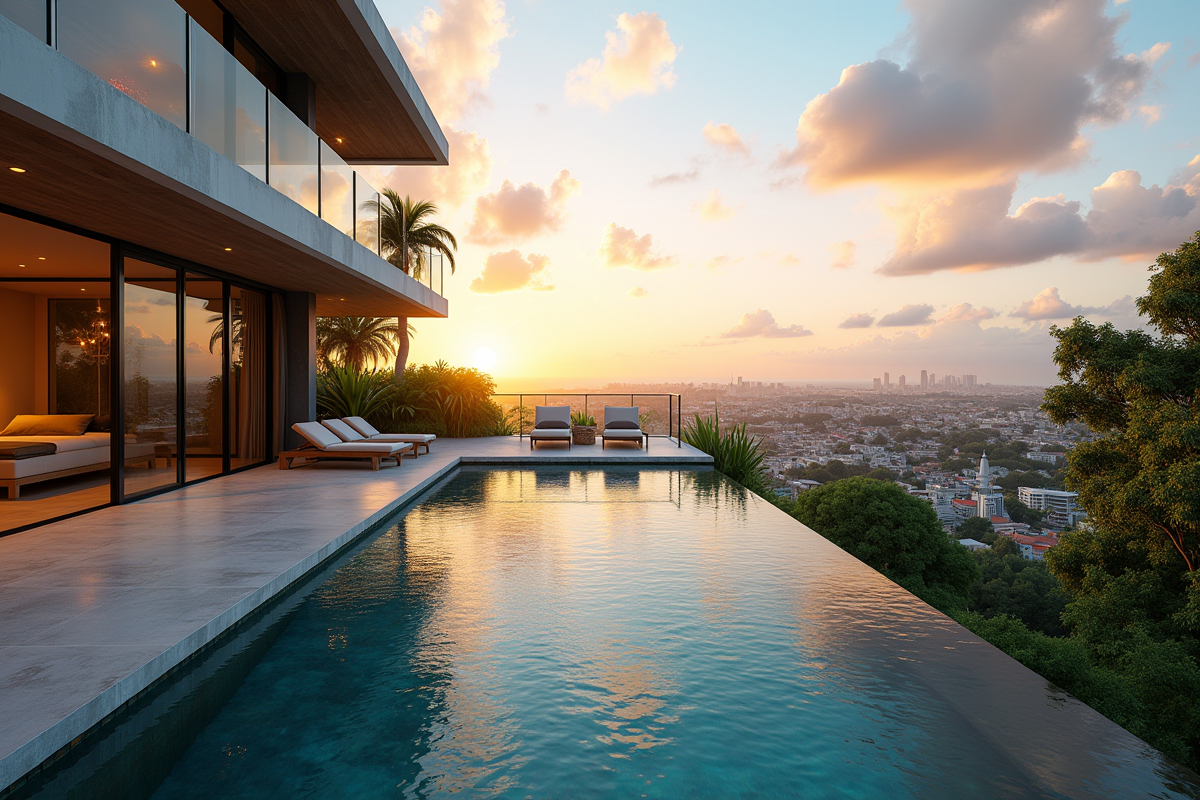 Villa contemporaine avec piscine et vue sur ville tropicale