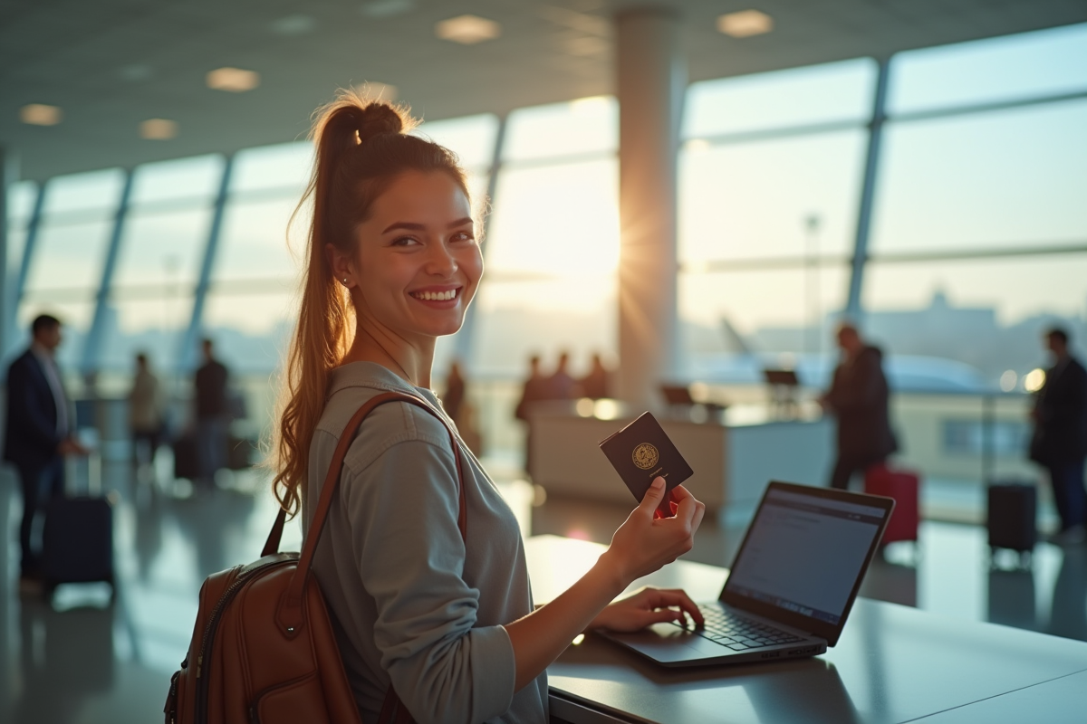 Voyageur souriant à l'aéroport avec passeport et carte de crédit